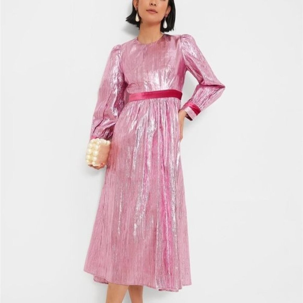 Tuckernuck Hyacinth House Pink Metallic Plisse Eloise Midi Dress Sz S - Picture 3 of 15